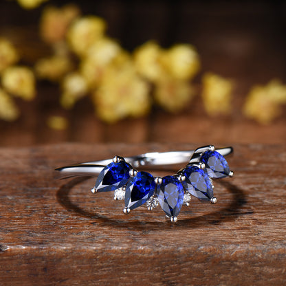 Vintage Blue Sapphire Wedding Ring, Five Stone Curved Stacking Band, 14K Rose Gold Anniversary Gift Women Sep Birthday Gift for Daughter