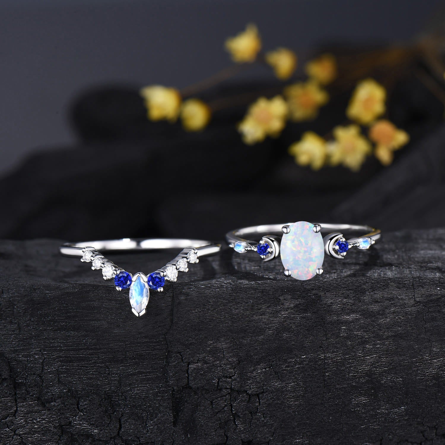 1.5CT Oval Cut White Opal Engagement Ring Sapphire Moonstone Curved Band Moon Celestial Bridal Set