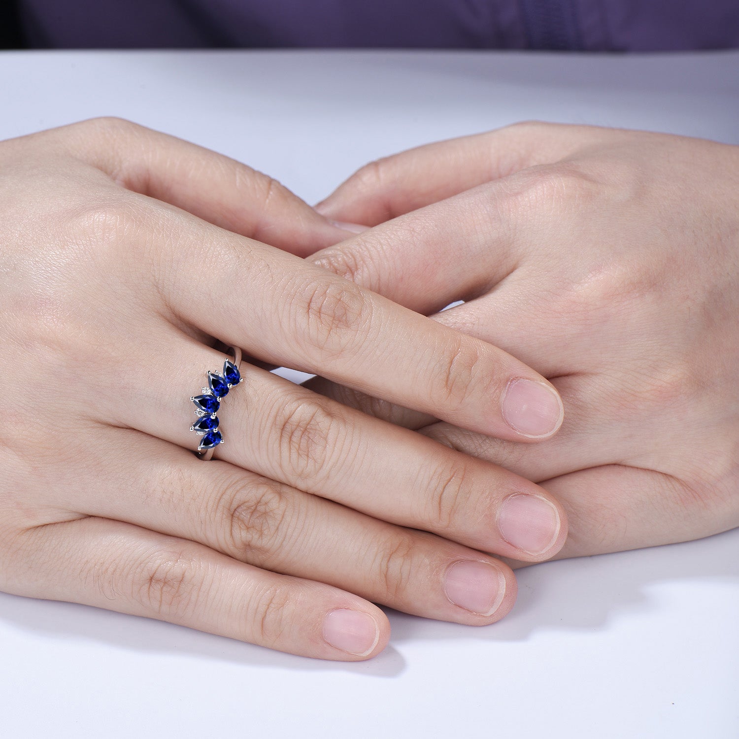 Vintage Blue Sapphire Wedding Ring, Five Stone Curved Stacking Band, 14K Rose Gold Anniversary Gift Women Sep Birthday Gift for Daughter