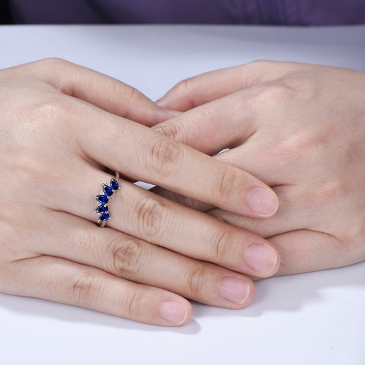 Vintage Blue Sapphire Wedding Ring, Five Stone Curved Stacking Band, 14K Rose Gold Anniversary Gift Women Sep Birthday Gift for Daughter