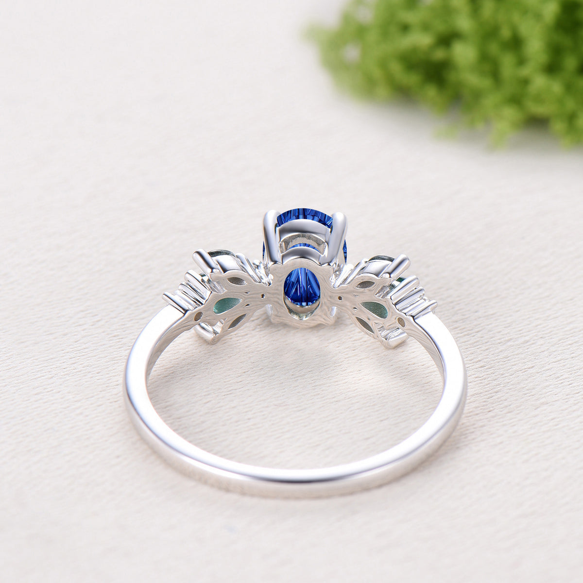 1.5CT Oval Shaped Fantasy Cut Sapphire Engagement Ring Moss Agate Emerald Cluster Ring