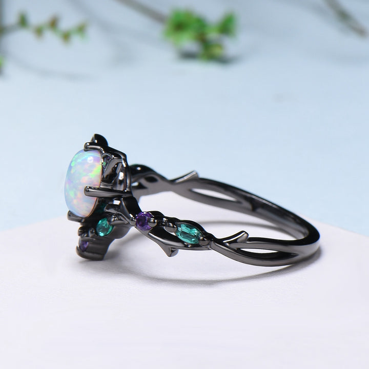 Unique Cat Fire Opal Engagement Ring Black Gold Round White Opal Animal Inspired Amethyst Emerald Band Promise Anniversary Ring Gift Women - PENFINE