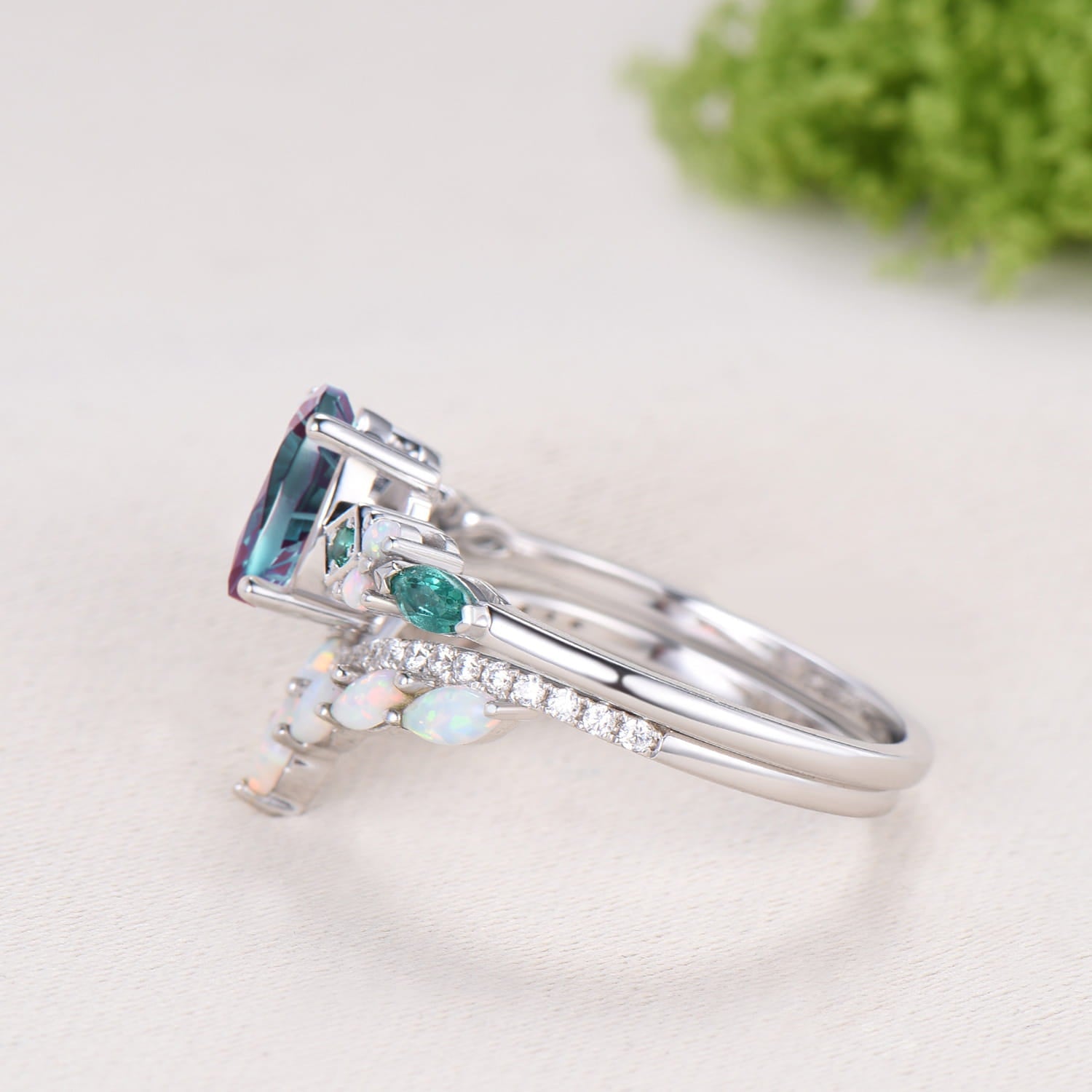 Vintage Art Deco Oval Starburst Alexandrite Ring Cluster Opal Emerald Bridal Set