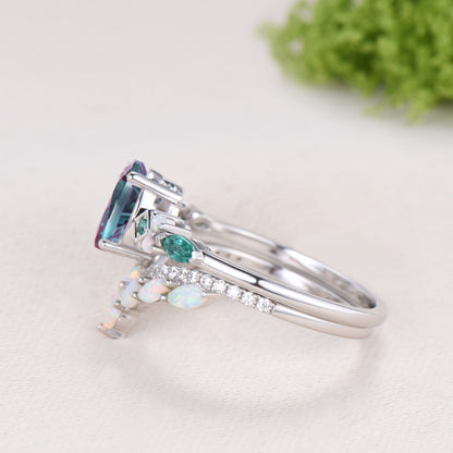Vintage Art Deco Oval Starburst Alexandrite Ring Cluster Opal Emerald Bridal Set