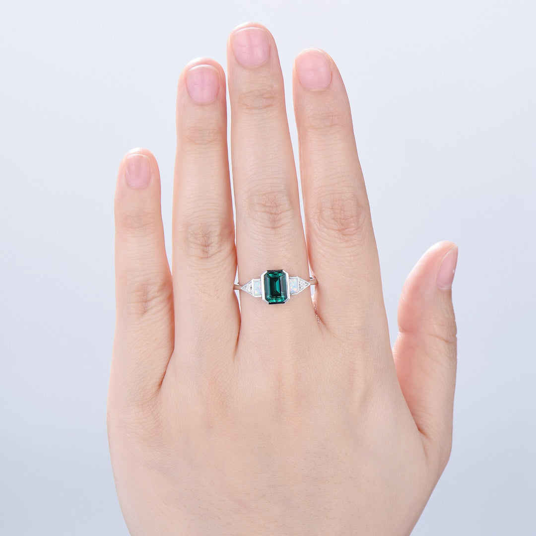 Five Stone Bezel Set Emerald Cut Emerald Engagement Ring Retro Baguette Opal Trillion Moissanite Wedding Ring Vintage Anniversary Ring Women - PENFINE