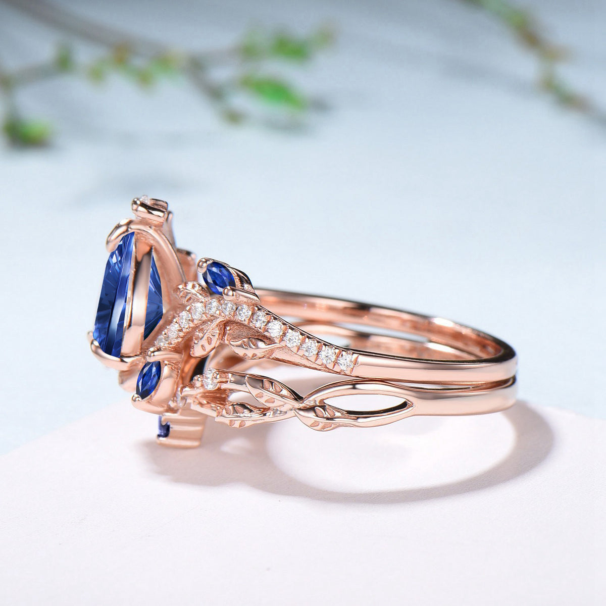 Pear Shaped Fantasy Cut Sapphire Engagement Ring Diamond Nature Inspired Ring Set