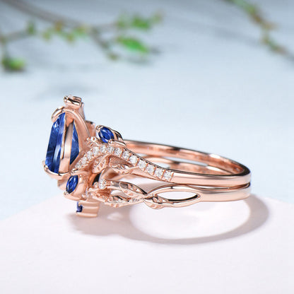 Pear Shaped Fantasy Cut Sapphire Engagement Ring Diamond Nature Inspired Ring Set
