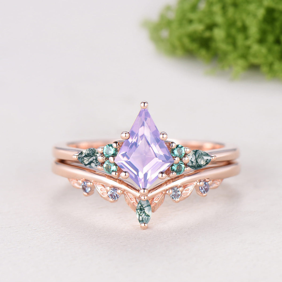 Kite Cut Lavender Amethyst 7 Stone Wedding Ring Emerald Agate Alexandrite Bridal Set