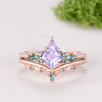 Kite Cut Lavender Amethyst 7 Stone Wedding Ring Emerald Agate Alexandrite Bridal Set