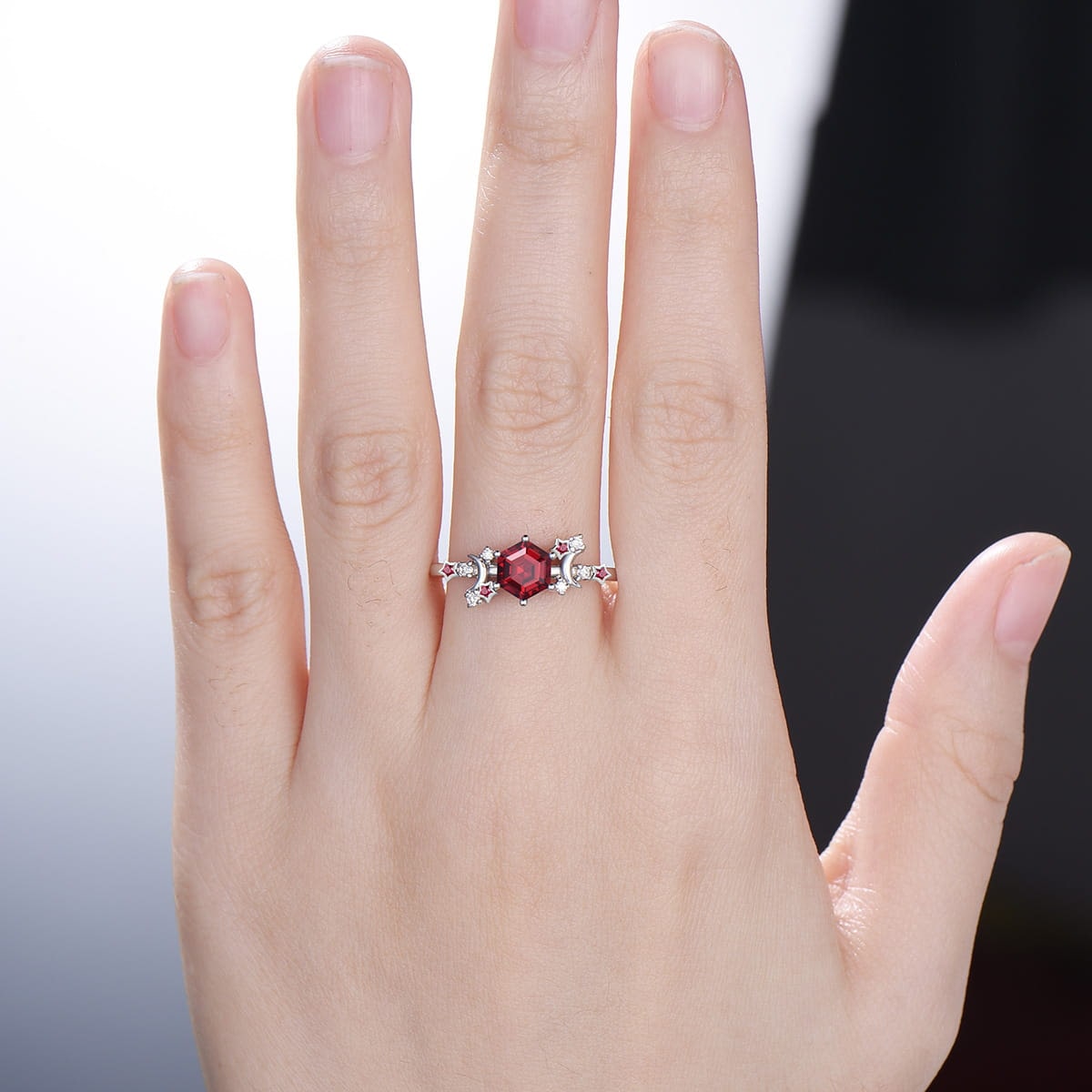 Galaxy Star ruby engagement ring crescent moon hexagon cut Lab ruby wedding ring Unique cluster star moon engagement ring anniversary gift - PENFINE