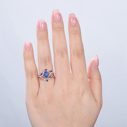 Pear Shaped Fantasy Cut Sapphire Engagement Ring Diamond Nature Inspired Ring Set