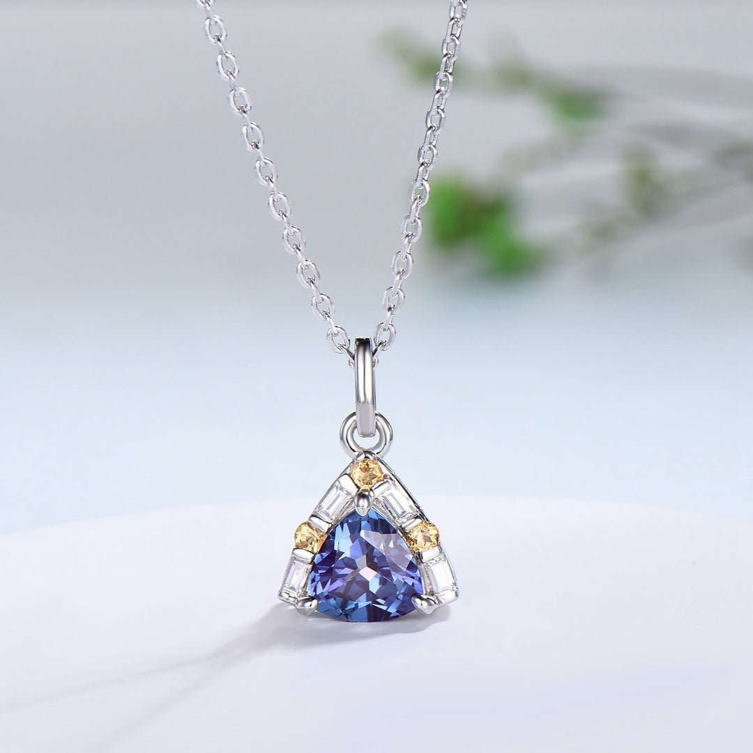 Trilliant Alexandrite pendant necklace vintage baguette moissanite pendant silver rose gold citrine necklace Engagement Gift For Women - PENFINE