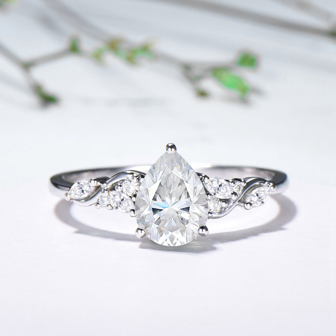 Pear Moissanite Engagement Ring Set, Lab Grown Diamond Bridal Set, 14K Gold Marquise Cluster Ring, Unique Pear Shaped Wedding Ring for Her - PENFINE
