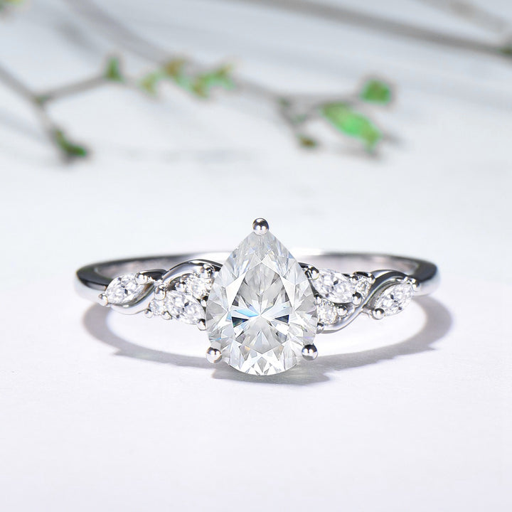 Pear Moissanite Engagement Ring Set, Lab Grown Diamond Bridal Set, 14K Gold Marquise Cluster Ring, Unique Pear Shaped Wedding Ring for Her - PENFINE