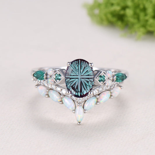 Vintage Art Deco Oval Starburst Alexandrite Ring Cluster Opal Emerald Bridal Set