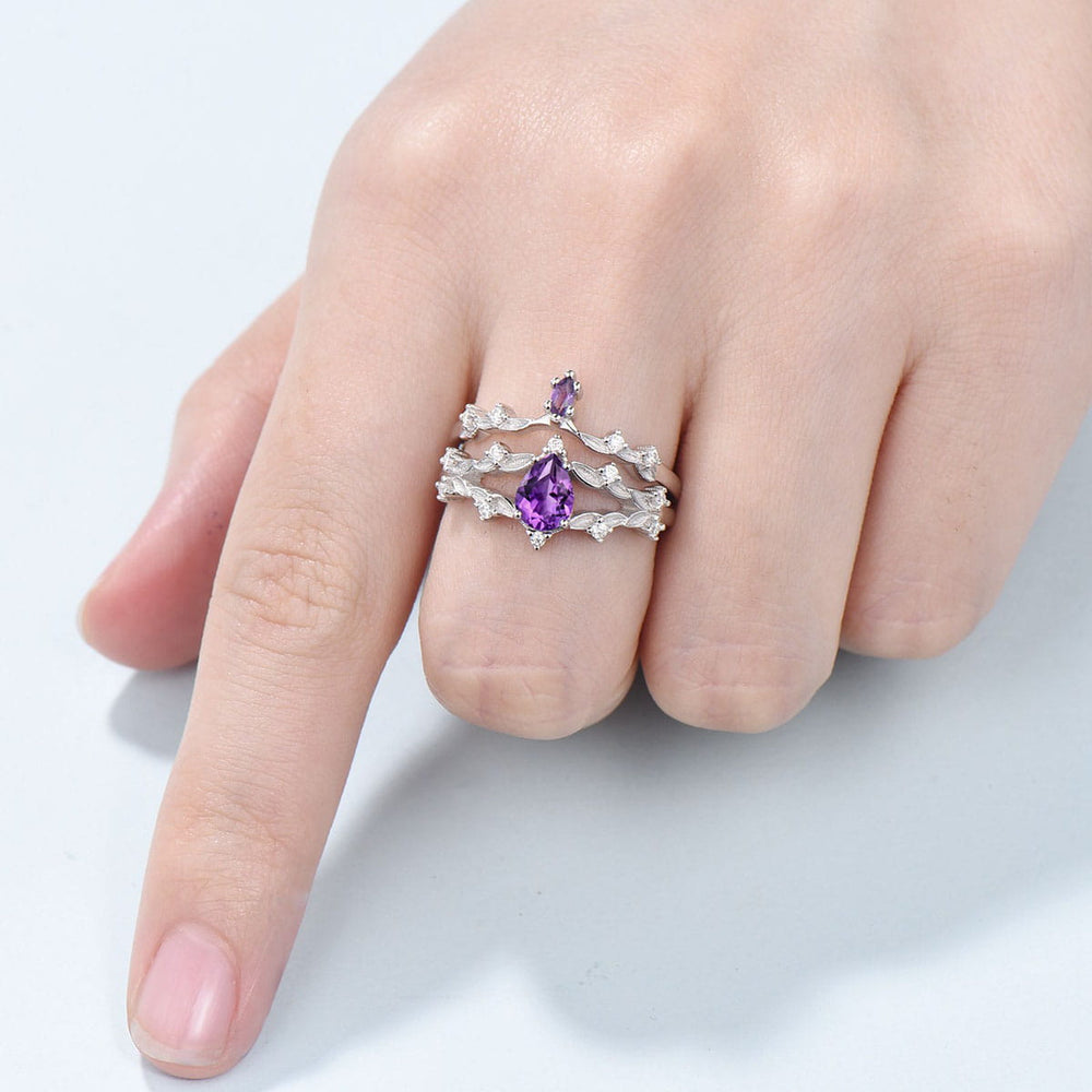 Leaf Amethyst Engagement Ring Vintage Pear Shaped Amethyst Wedding Ring Set Unique wedding set for Women, Art Deco Branch Bride Promise Ring - PENFINE