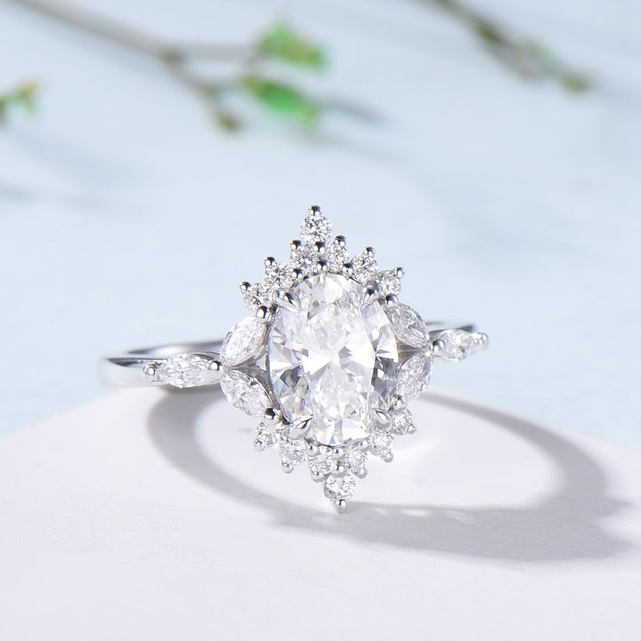 Vintage 1.5 Carat VVS-D Oval Lab Grown Diamond Engagement Ring Halo Diamond Certificate Engagement Ring Unique Marquise Diamond Wedding Gift - PENFINE