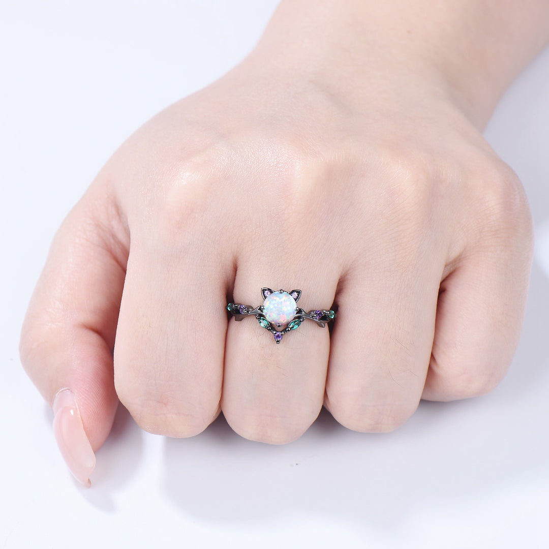 Unique Cat Fire Opal Engagement Ring Black Gold Round White Opal Animal Inspired Amethyst Emerald Band Promise Anniversary Ring Gift Women - PENFINE