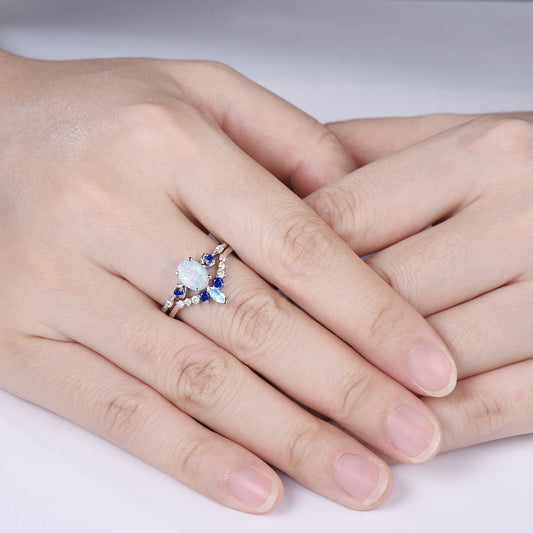 1.5CT Oval Cut White Opal Engagement Ring Sapphire Moonstone Curved Band Moon Celestial Bridal Set