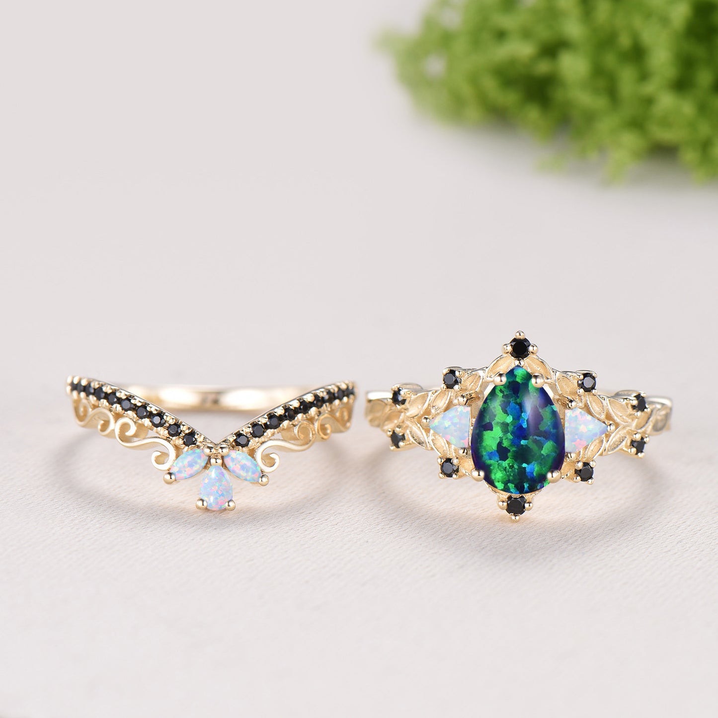 Vintage Pear Shaped Black Opal Engagement Ring Set | Nature Inspired Leaf Vine Black Spinel Fire Opal Bridal Set