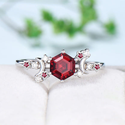 Galaxy Star ruby engagement ring crescent moon hexagon cut Lab ruby wedding ring Unique cluster star moon engagement ring anniversary gift - PENFINE