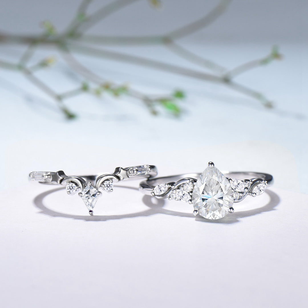Pear Moissanite Engagement Ring Set, Lab Grown Diamond Bridal Set, 14K Gold Marquise Cluster Ring, Unique Pear Shaped Wedding Ring for Her - PENFINE