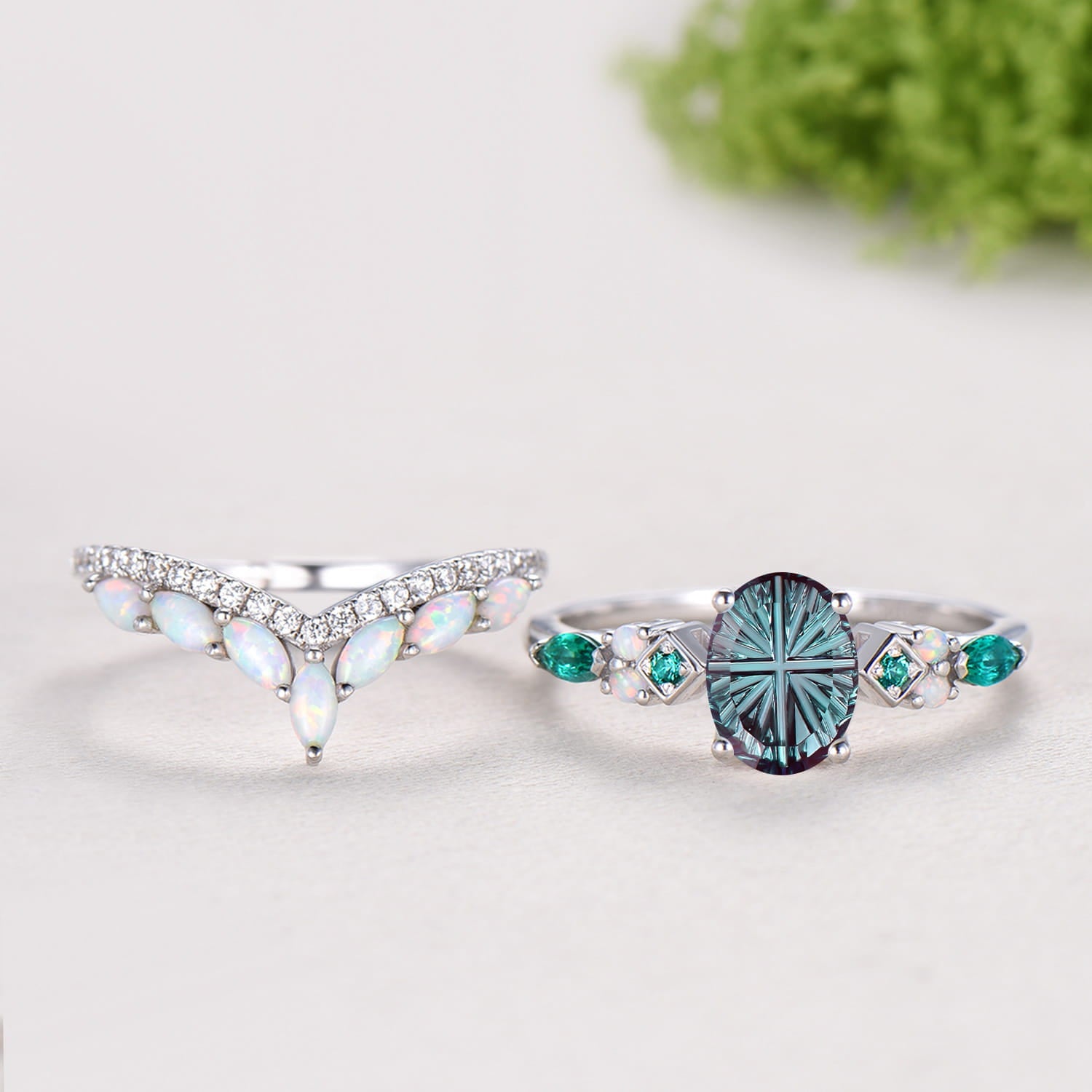 Vintage Art Deco Oval Starburst Alexandrite Ring Cluster Opal Emerald Bridal Set