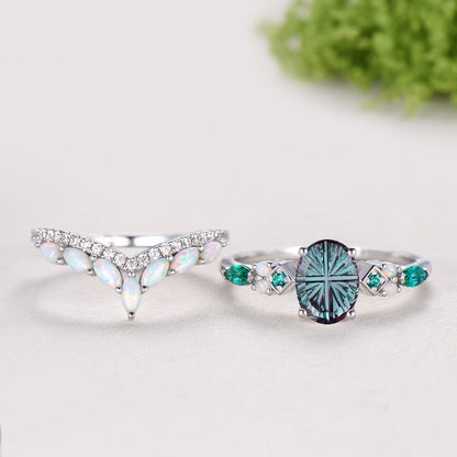 Vintage Art Deco Oval Starburst Alexandrite Ring Cluster Opal Emerald Bridal Set