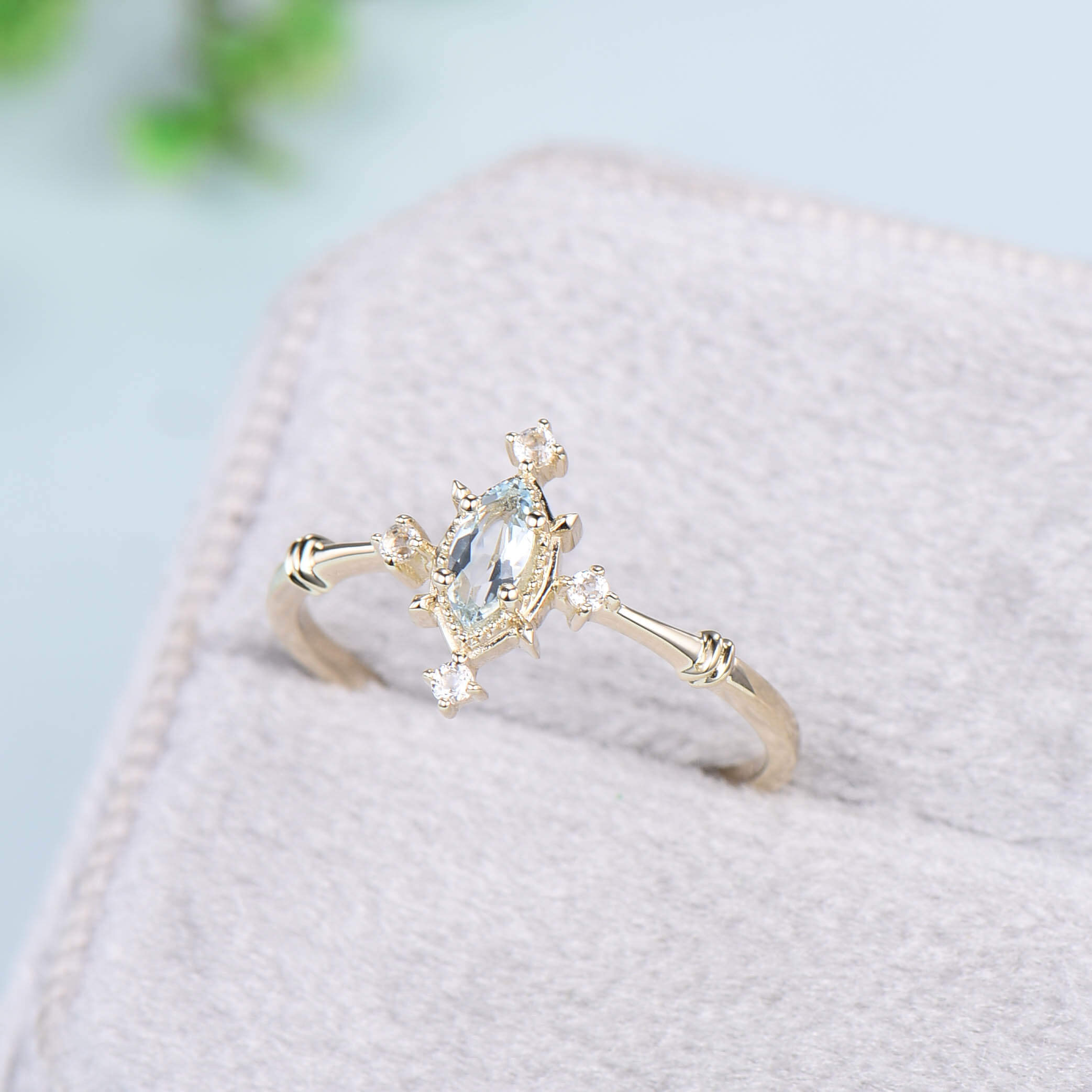 Minimalist ring natural aquamarine wedding top ring sterling silver marquise cut light blue stone March birthstone