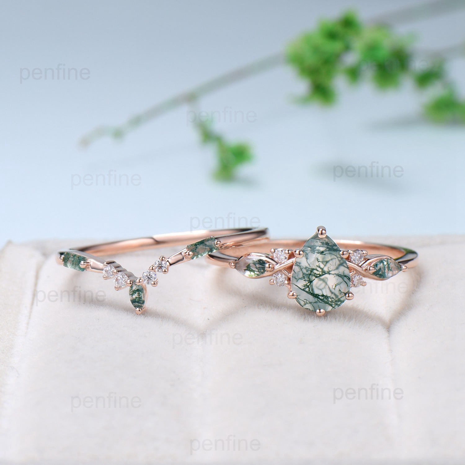 Vintage Pear Shaped Natural Green Moss Agate Engagement Ring Set Unique 14k Rose Gold Vine Marquise Agate Wedding Ring Set Ring for Women - PENFINE