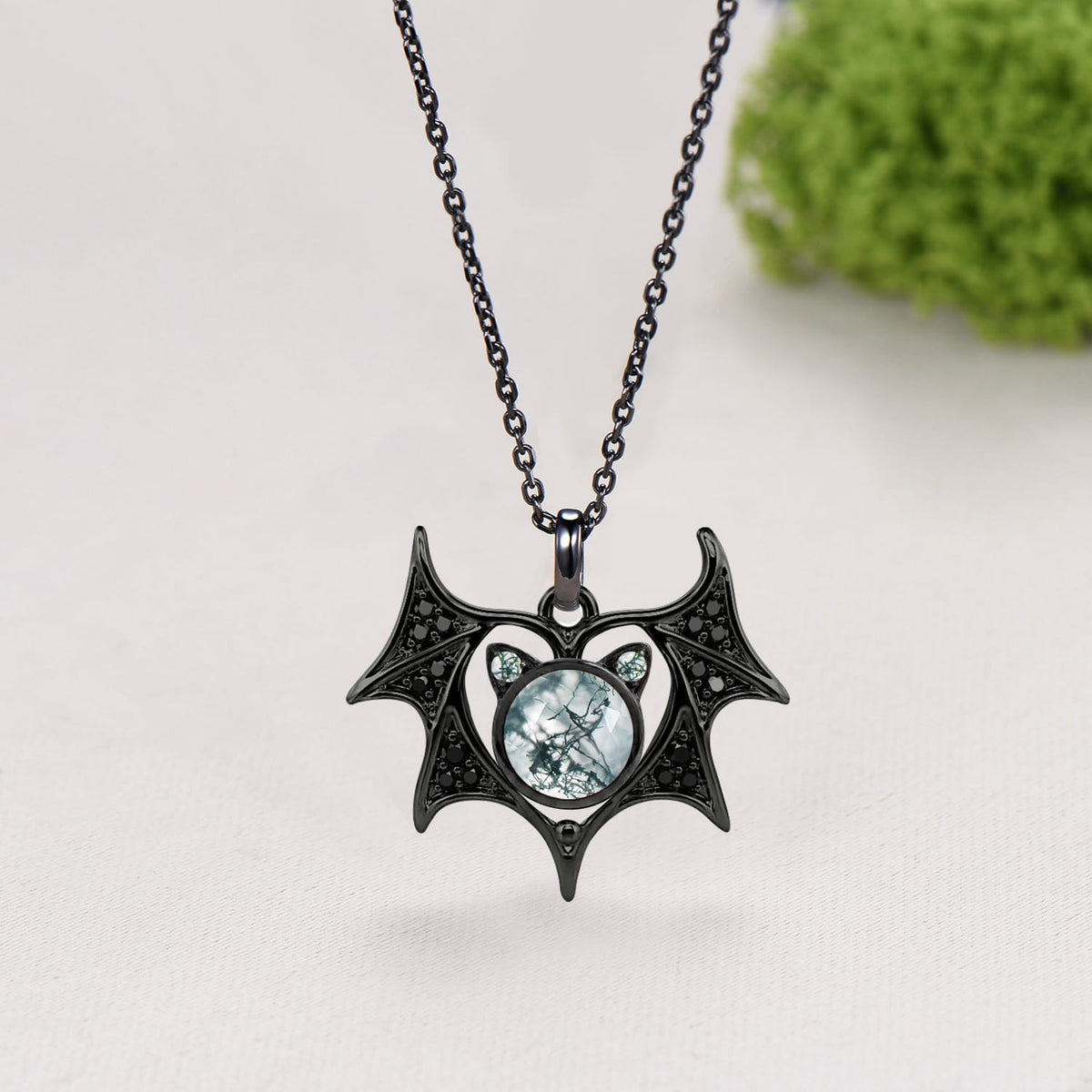 Unique Moss Agate Bat Cat Pendant Necklace Gothic Style Fine Jewelry