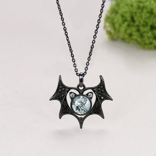 Unique Moss Agate Bat Cat Pendant Necklace Gothic Style Fine Jewelry
