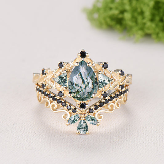 Vintage Pear Shaped Moss Agate Engagement Ring Set | Nature Inspired Leaf Vine Black Spinel Bridal Set | Unique Teardrop Wedding Set For Her