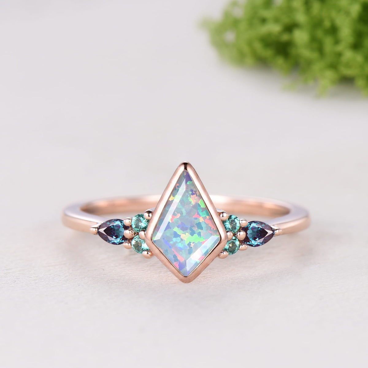 Kite Cut White Opal Bezel Set 7 Stone Engagement Ring Alexandrite Curved Ring Set