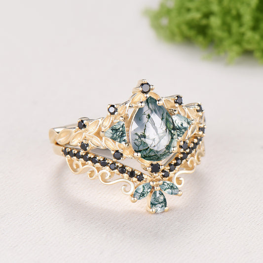 Vintage Pear Shaped Moss Agate Engagement Ring Set | Nature Inspired Leaf Vine Black Spinel Bridal Set | Unique Teardrop Wedding Set For Her