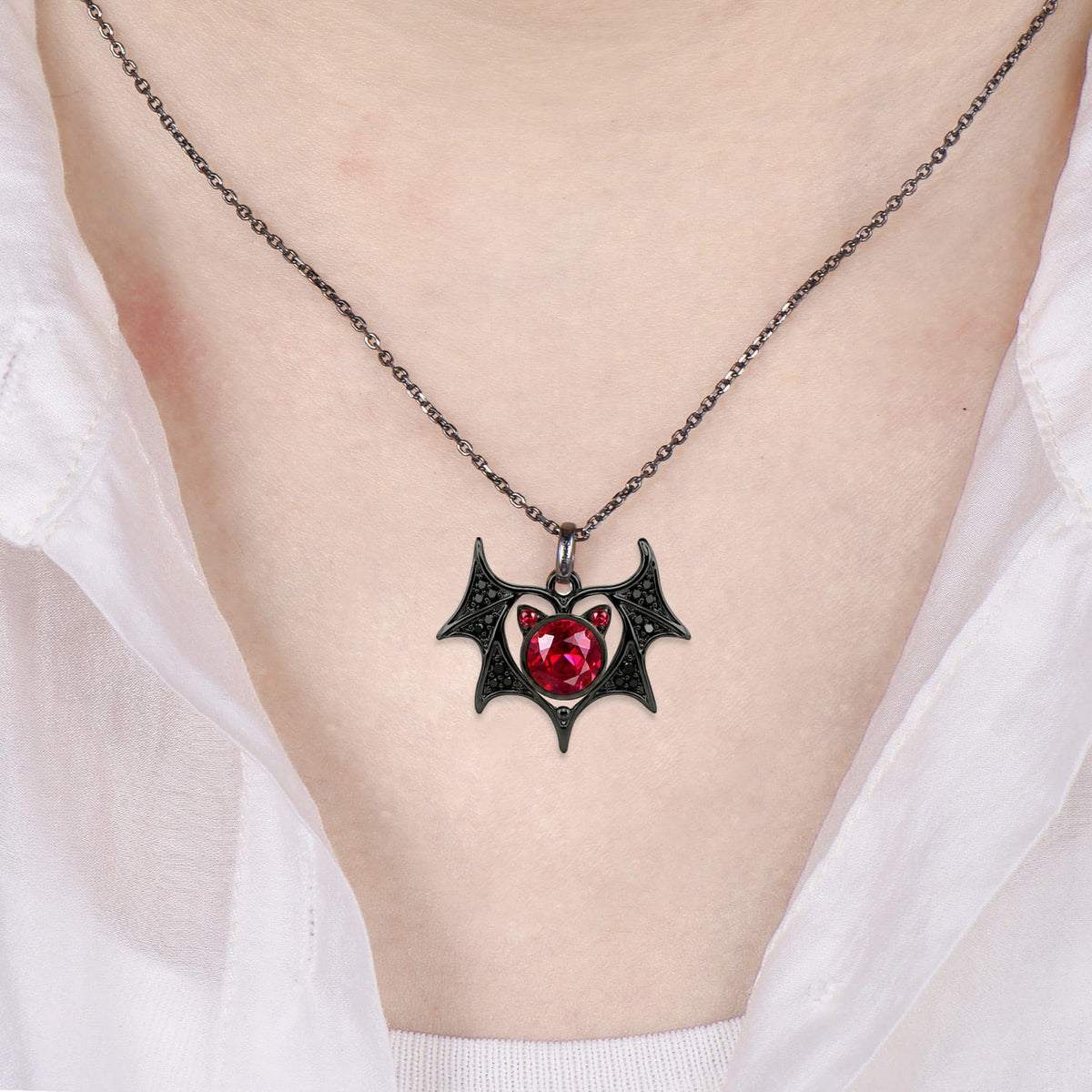 Spooky Gothic Bat & Cat Red Gemstone Statement Necklace