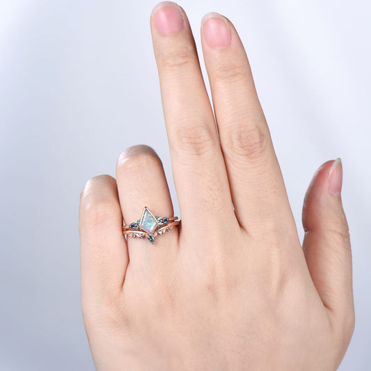 Kite Cut White Opal Bezel Set 7 Stone Engagement Ring Alexandrite Curved Ring Set