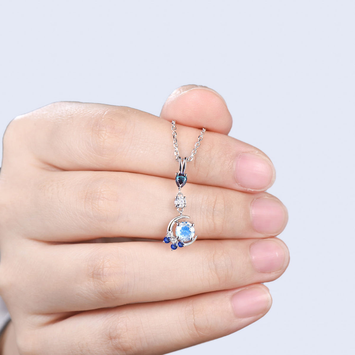 Crescent Moon Moonstone Alexandrite Pendant Necklace Elegant Celestial Cluster Sapphire Jewelry June Birthstone Anniversary Gift for Women