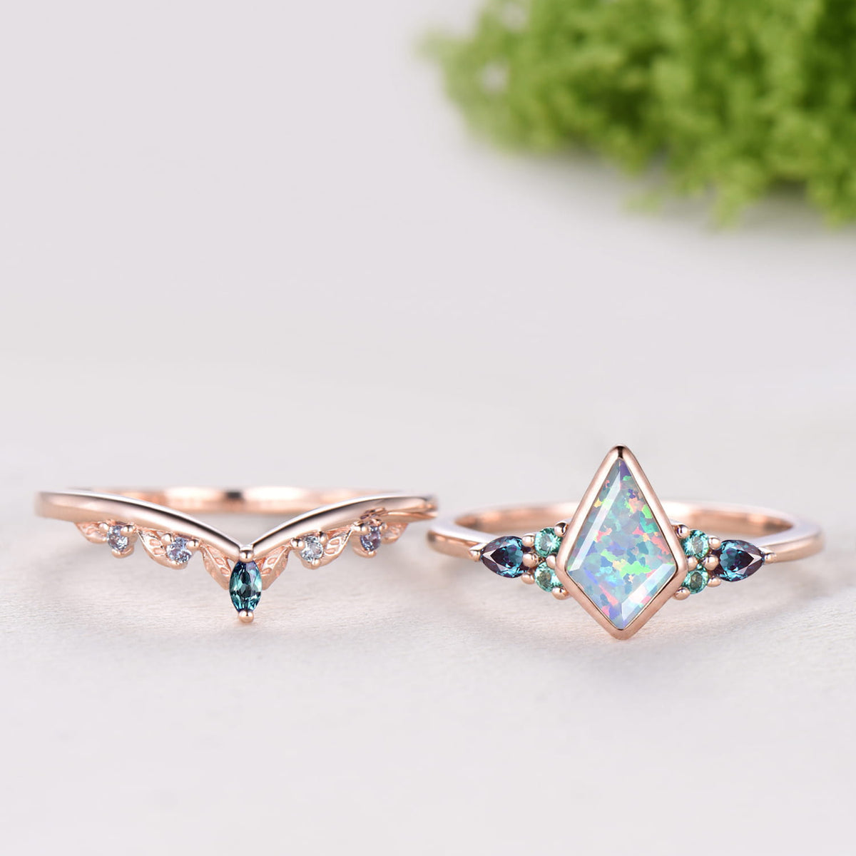 Kite Cut White Opal Bezel Set 7 Stone Engagement Ring Alexandrite Curved Ring Set