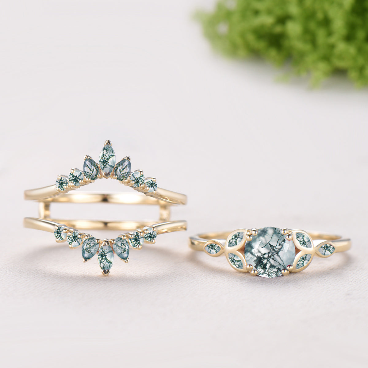 Round Cut Natural Moss Agate Bezel Setting Ring Bridal Set Green Agate Ring Enhancer