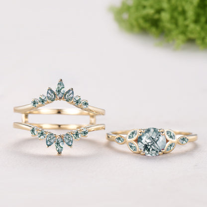 Round Cut Natural Moss Agate Bezel Setting Ring Bridal Set Green Agate Ring Enhancer