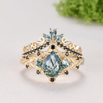 Vintage Pear Shaped Moss Agate Engagement Ring Set | Nature Inspired Leaf Vine Black Spinel Bridal Set | Unique Teardrop Wedding Set For Her