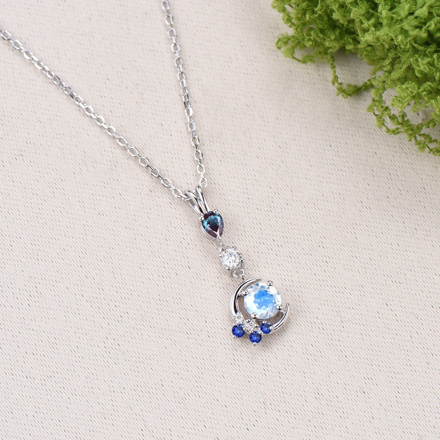 Crescent Moon Moonstone Alexandrite Pendant Necklace Elegant Celestial Cluster Sapphire Jewelry June Birthstone Anniversary Gift for Women