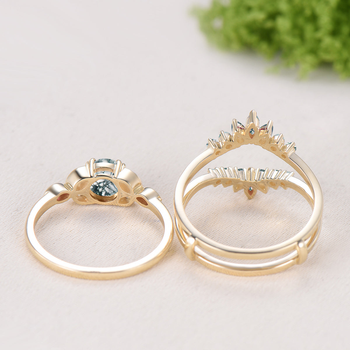 Round Cut Natural Moss Agate Bezel Setting Ring Bridal Set Green Agate Ring Enhancer