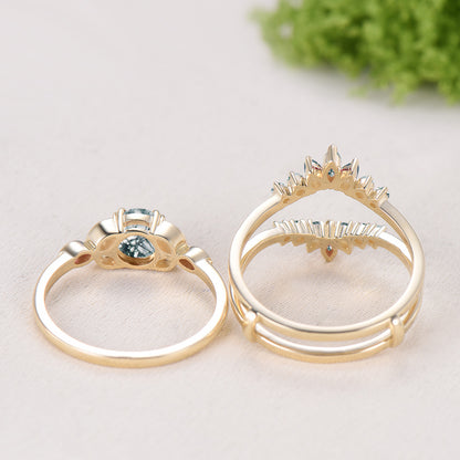 Round Cut Natural Moss Agate Bezel Setting Ring Bridal Set Green Agate Ring Enhancer