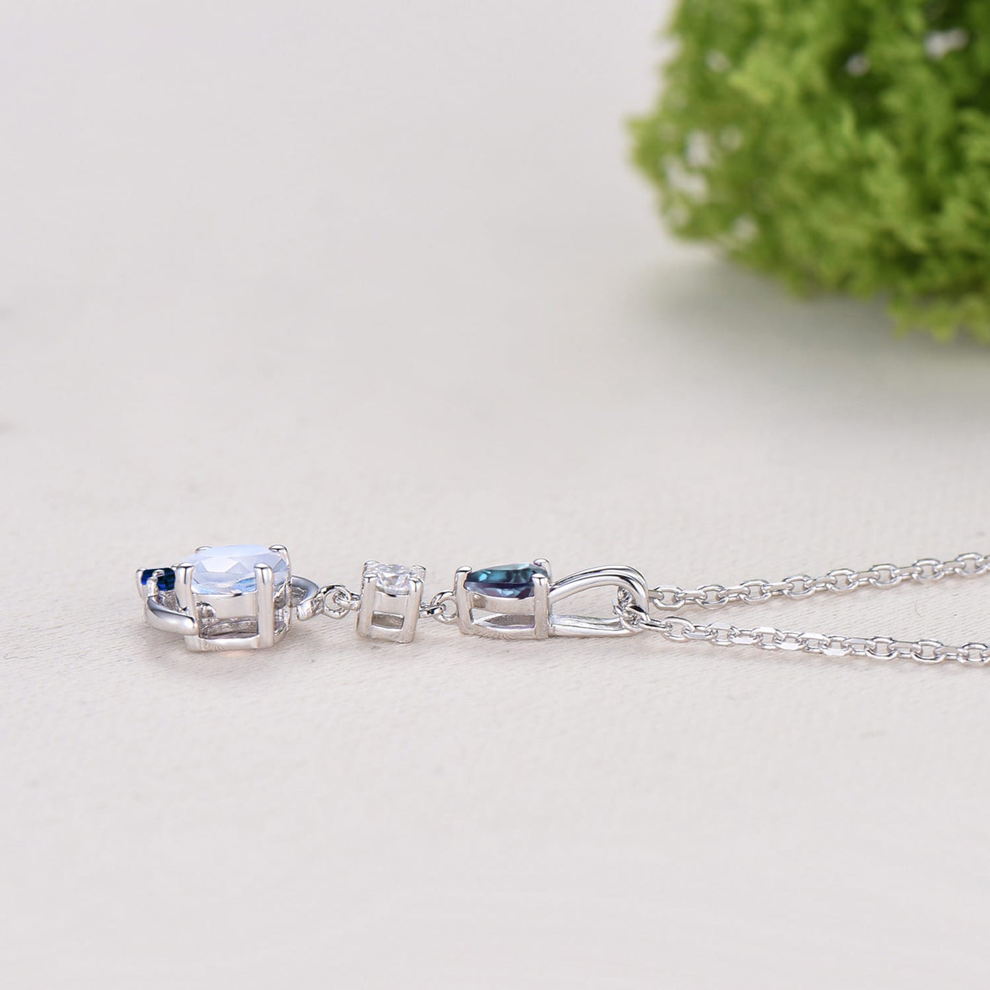 Crescent Moon Moonstone Alexandrite Pendant Necklace Elegant Celestial Cluster Sapphire Jewelry June Birthstone Anniversary Gift for Women