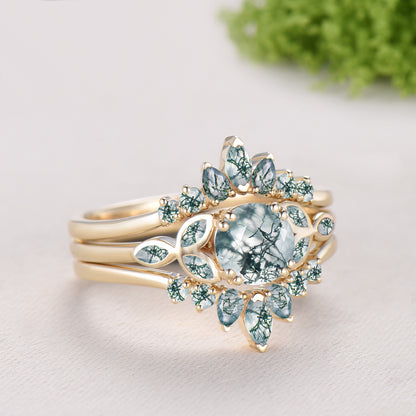 Round Cut Natural Moss Agate Bezel Setting Ring Bridal Set Green Agate Ring Enhancer
