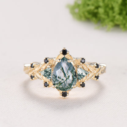 Vintage Pear Shaped Moss Agate Engagement Ring Set | Nature Inspired Leaf Vine Black Spinel Bridal Set | Unique Teardrop Wedding Set For Her