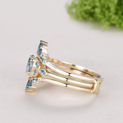 Round Cut Natural Moss Agate Bezel Setting Ring Bridal Set Green Agate Ring Enhancer