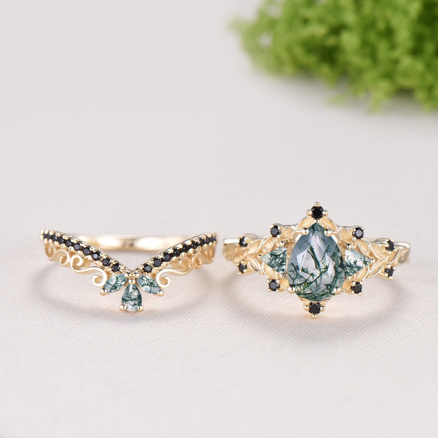 Vintage Pear Shaped Moss Agate Engagement Ring Set | Nature Inspired Leaf Vine Black Spinel Bridal Set | Unique Teardrop Wedding Set For Her